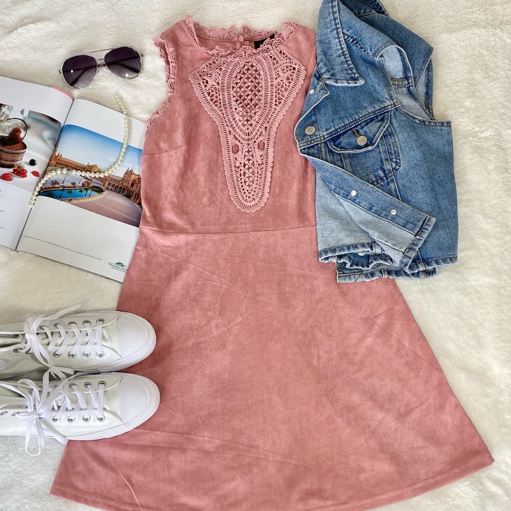 Adorable Pink Sleeveless Suede Dress with Lace